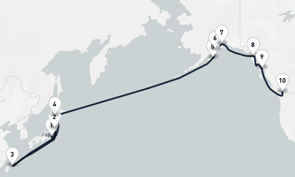 18 nights / 19 days, one-way from Yokohama (Tokyo, Japan) to Vancouver (BC Canada)