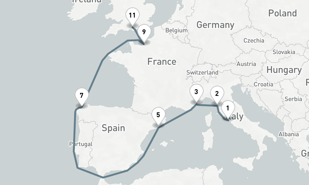 13 nights / 14 days, one-way from Civitavecchia (Rome, Italy) to Southampton (England)