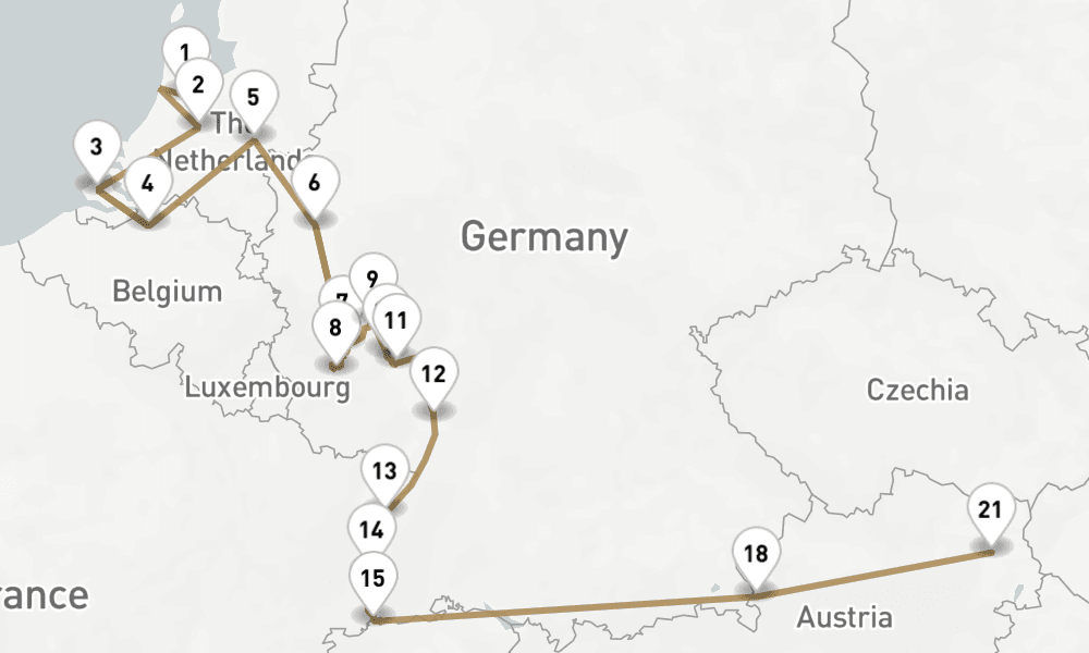 28 nights / 29 days, one-way from Amsterdam (Holland) to Vienna