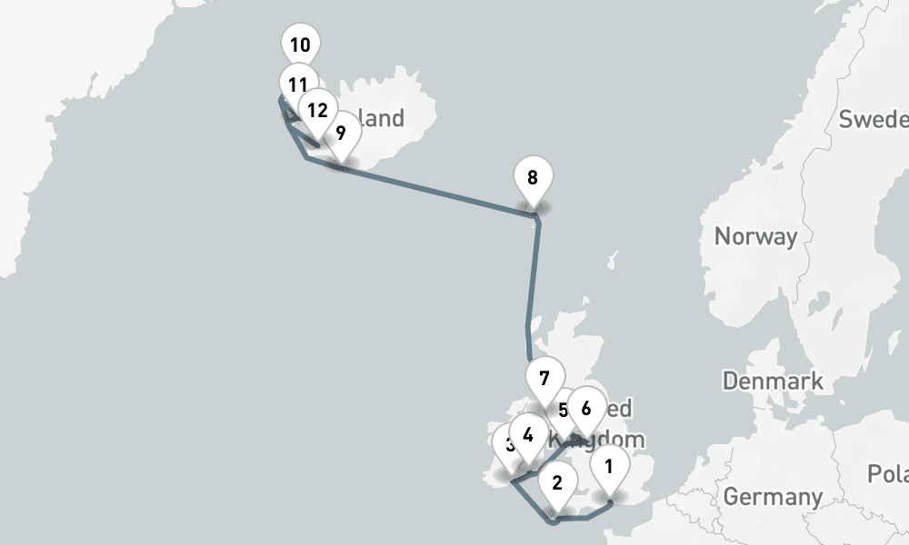 14 nights / 15 days, one-way from Southampton (England) to Reykjavik