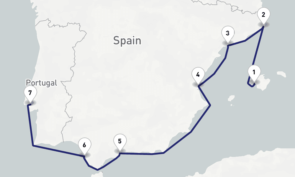 8 nights / 9 days, one-way from Palma de Mallorca (Majorca Island, Spain) to Lisbon