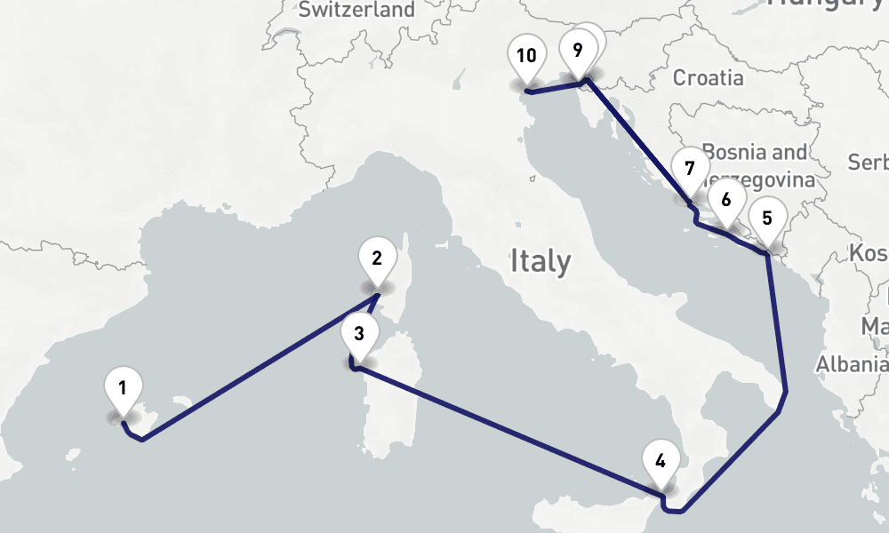 12 nights / 13 days, one-way from Palma de Mallorca (Majorca Island, Spain) to Venice