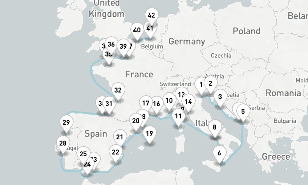 46 nights / 47 days, one-way from Venice to IJmuiden (Holland)