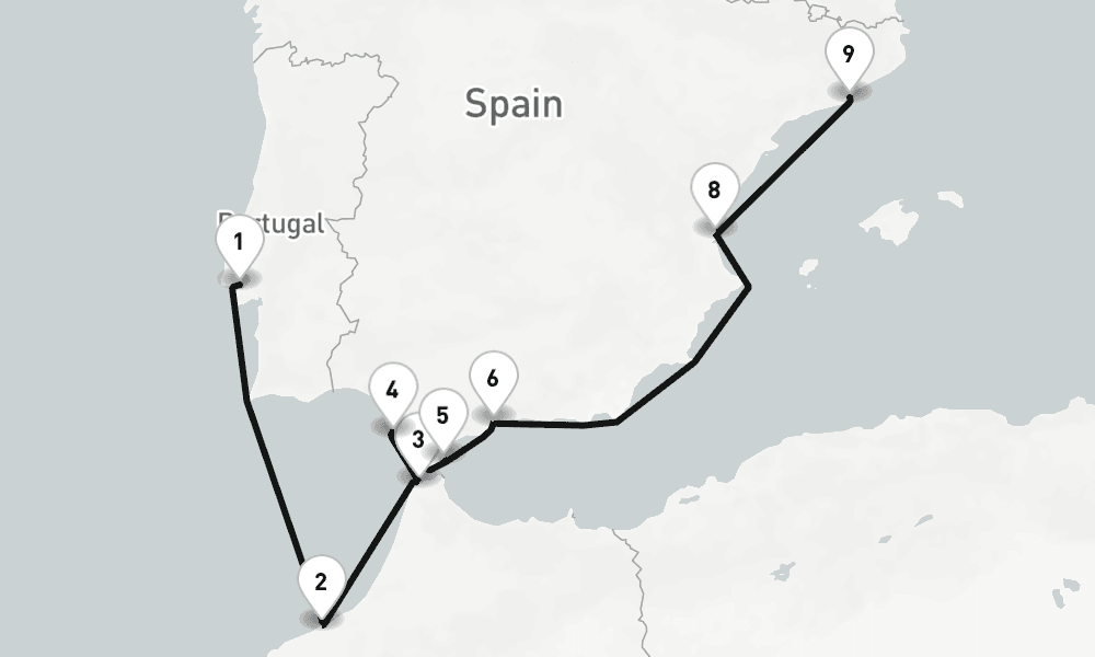 10 nights / 11 days, one-way from Lisbon to Barcelona