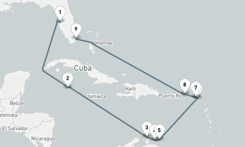 14 nights / 15 days, one-way from Tampa (Florida) to Miami (Florida)