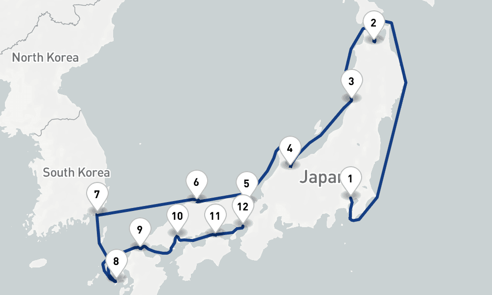 14 nights / 15 days, one-way from Tokyo to Kobe (Osaka-Kyoto, Japan)
