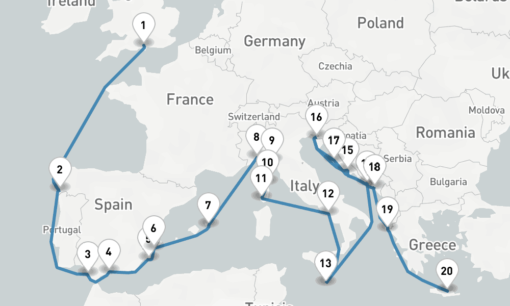 29 nights / 30 days, one-way from Southampton (England) to Heraklion (Crete, Greece)