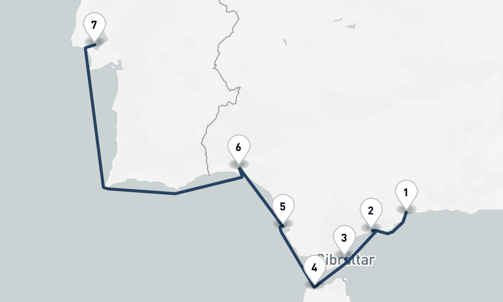 7 nights / 8 days, one-way from Malaga to Lisbon