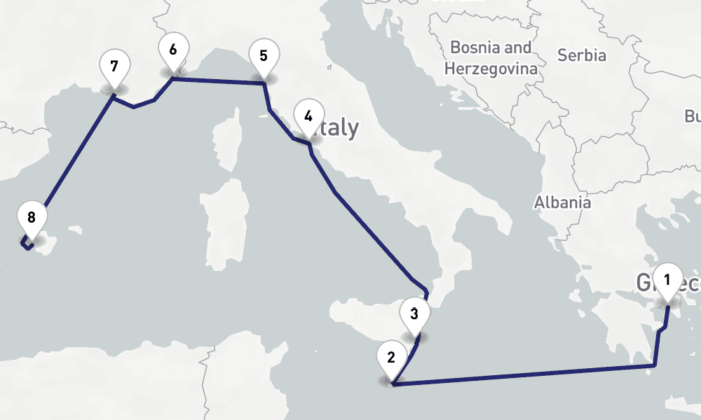 10 nights / 11 days, one-way from Piraeus (Athens, Greece) to Palma de Mallorca (Majorca Island, Spain)
