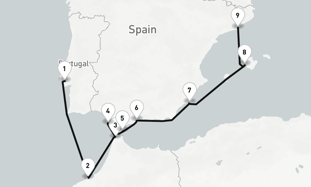 9 nights / 10 days, one-way from Lisbon to Barcelona