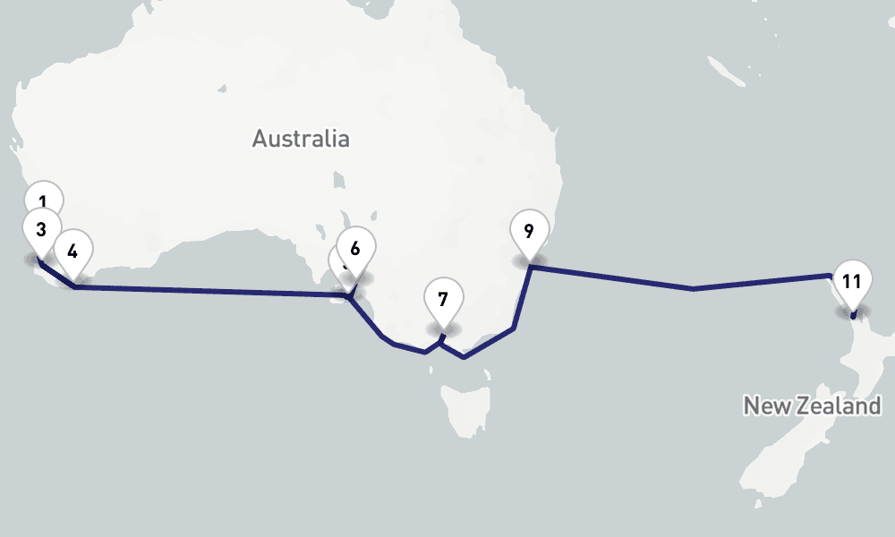 19 nights / 20 days, one-way from Fremantle (Perth, Western Australia) to Auckland