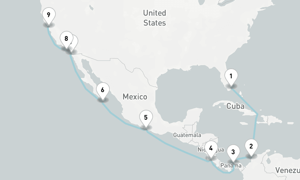 18 nights / 19 days, one-way from Miami (Florida) to San Francisco (California)
