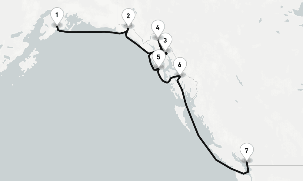 7 nights / 8 days, one-way from Seward (Alaska) to Vancouver (BC Canada)