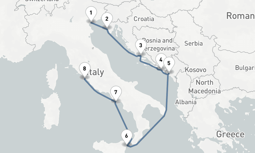 8 nights / 9 days, one-way from Venice to Civitavecchia (Rome, Italy)