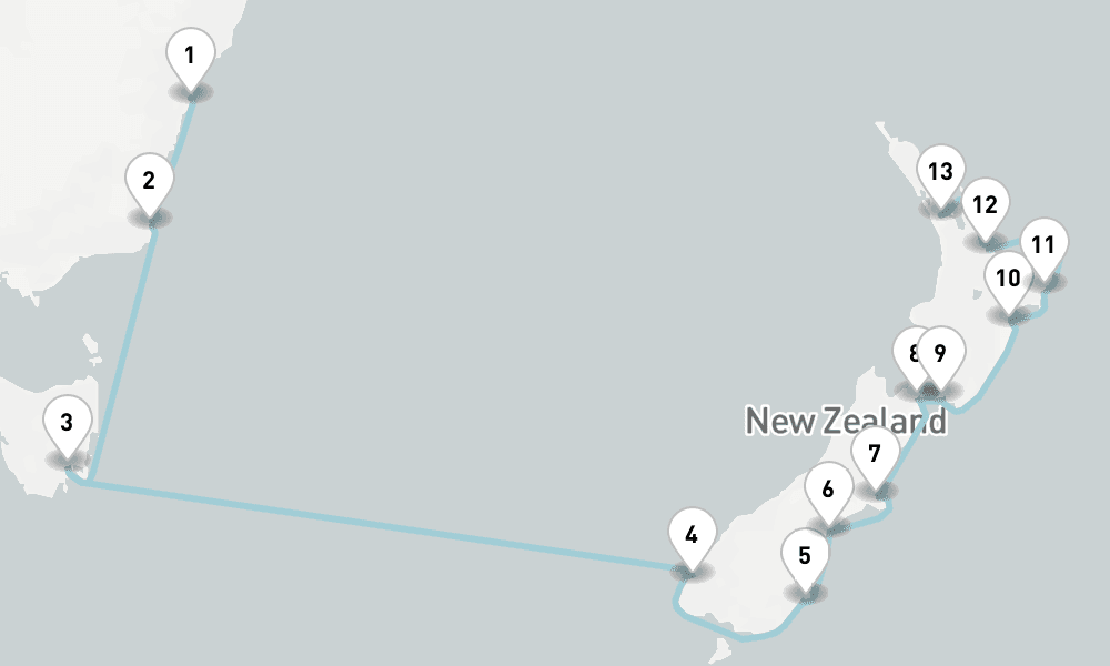 15 nights / 16 days, one-way from Sydney (NSW, Australia) to Auckland