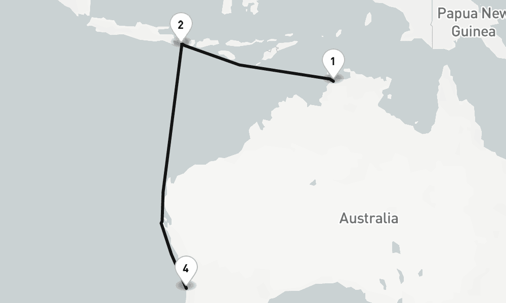 9 nights / 10 days, one-way from Darwin (NT Australia) to Fremantle (Perth, Western Australia)