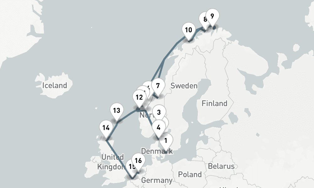 20 nights / 21 days, one-way from Copenhagen to Amsterdam (Holland)
