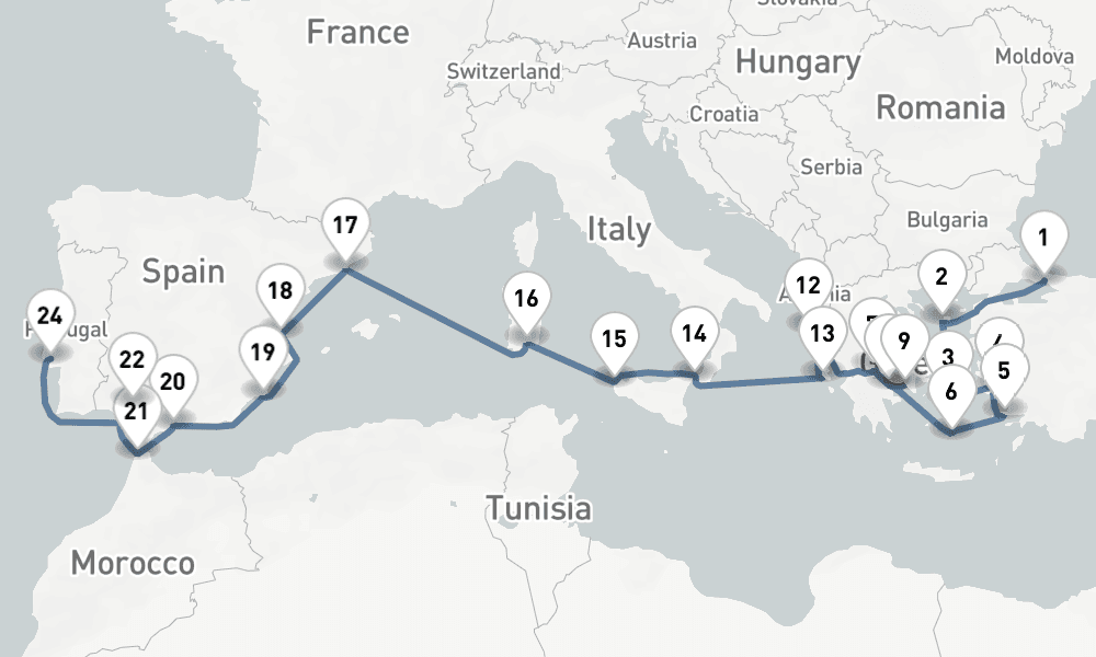 24 nights / 25 days, one-way from Istanbul to Lisbon