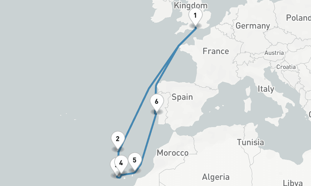 14 nights / 15 days, Southampton (England) Round trip