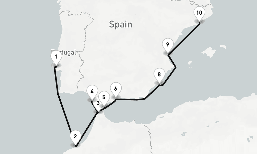 10 nights / 11 days, one-way from Lisbon to Barcelona