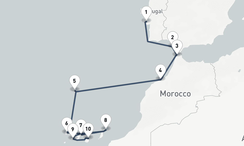 12 nights / 13 days, one-way from Lisbon to Las Palmas (Gran Canaria, Canary Islands)