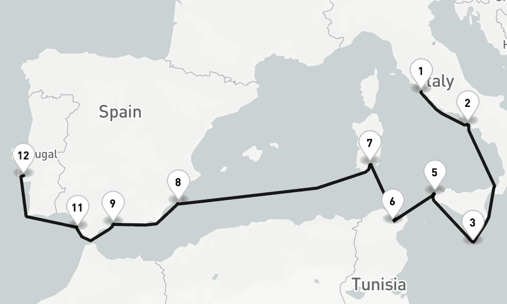 14 nights / 15 days, one-way from Civitavecchia (Rome, Italy) to Lisbon