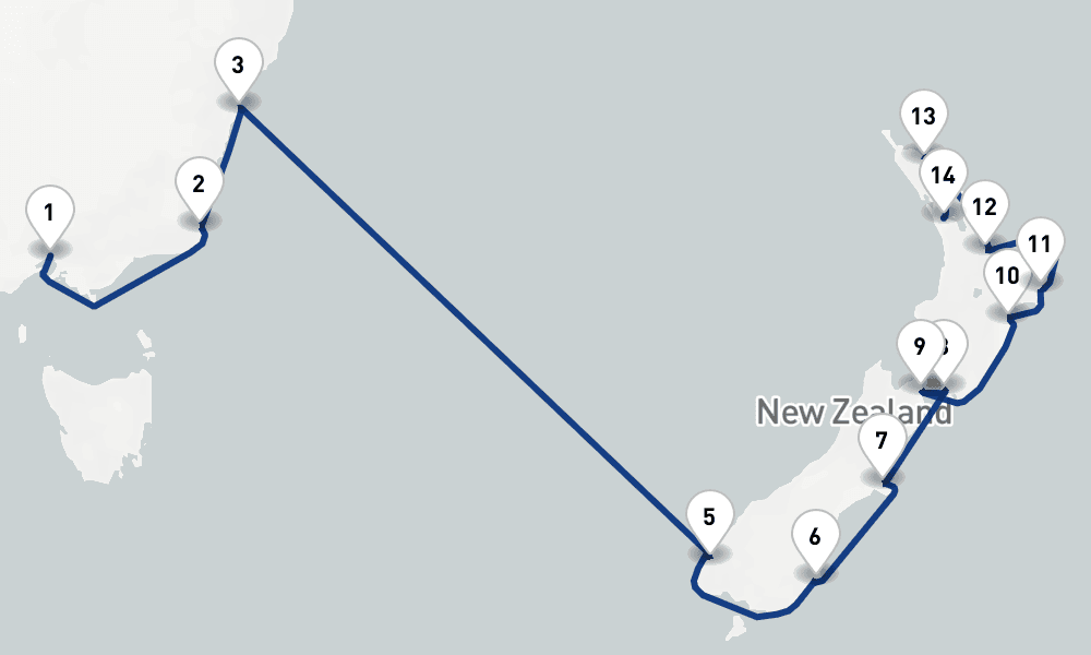 16 nights / 17 days, one-way from Melbourne (Victoria, Australia) to Auckland