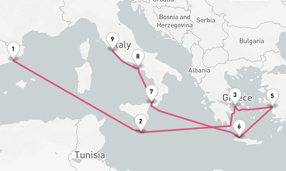 11 nights / 12 days, one-way from Barcelona to Civitavecchia (Rome, Italy)