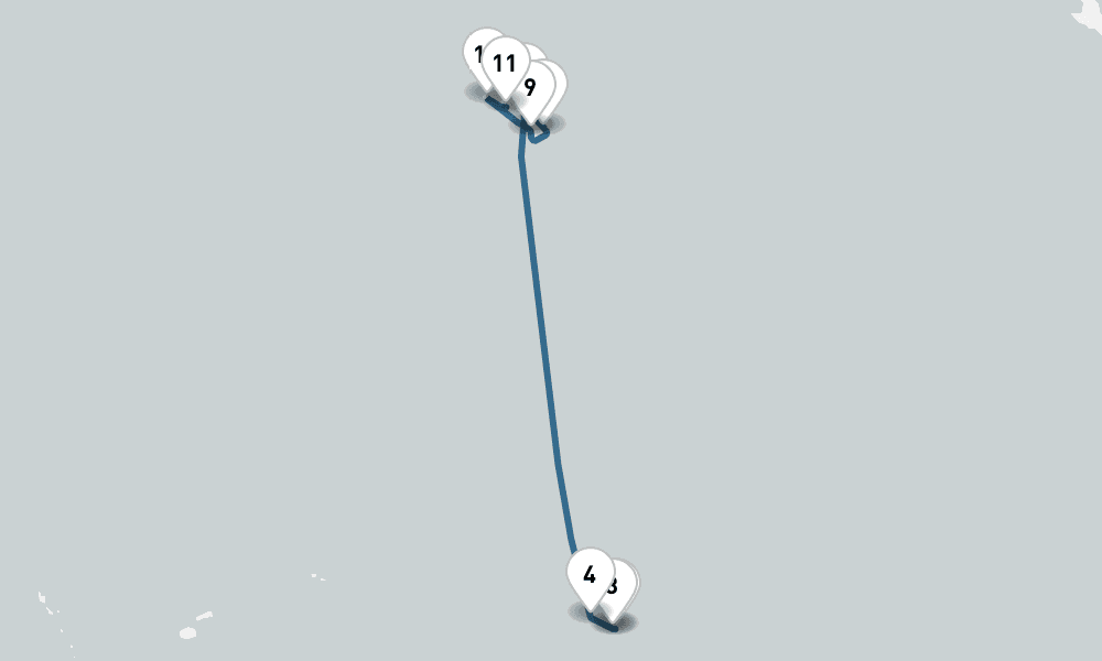 14 nights / 15 days, one-way from Papeete (Tahiti Island, French Polynesia) to Honolulu (Oahu Island, Hawaii)