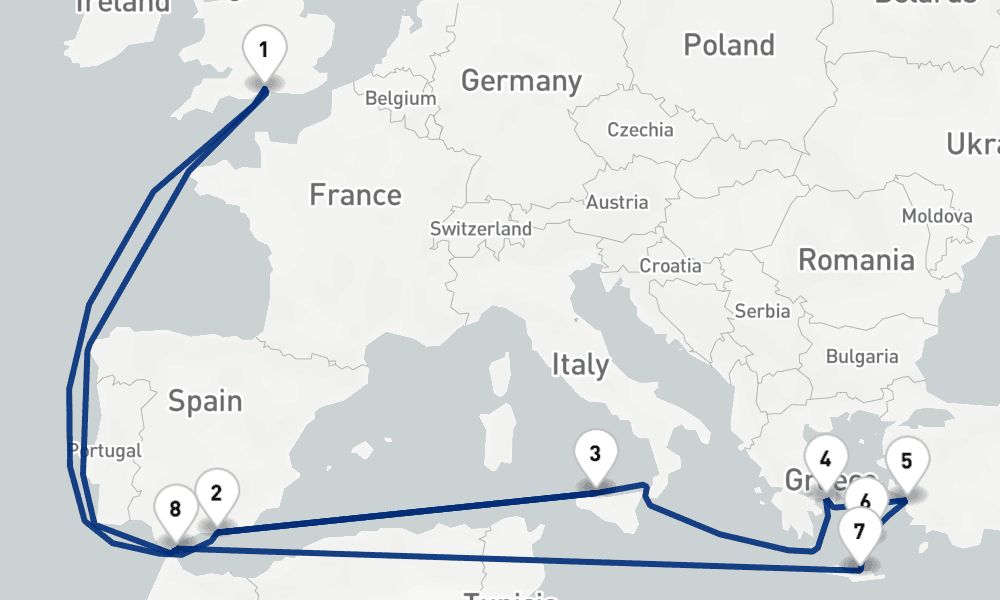 19 nights / 20 days, Southampton (England) Round trip
