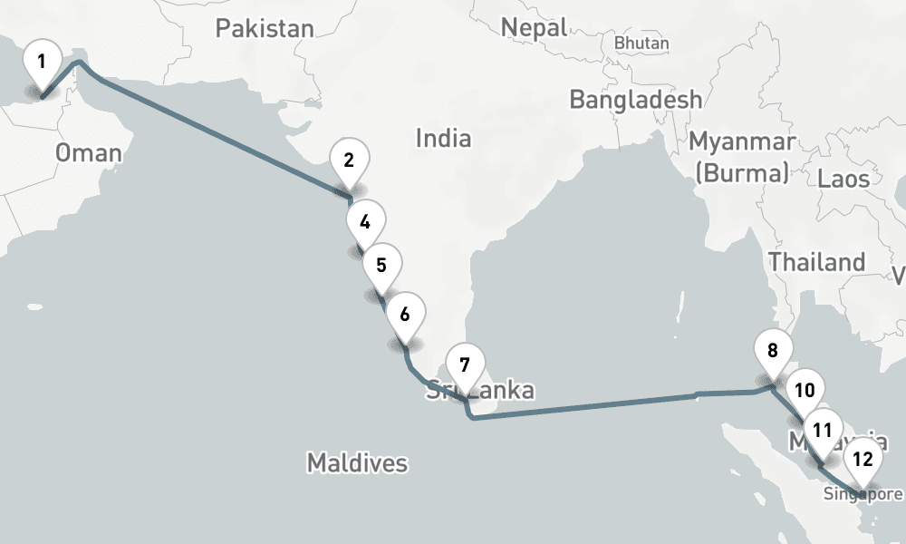 22 nights / 23 days, one-way from Abu Dhabi to Singapore