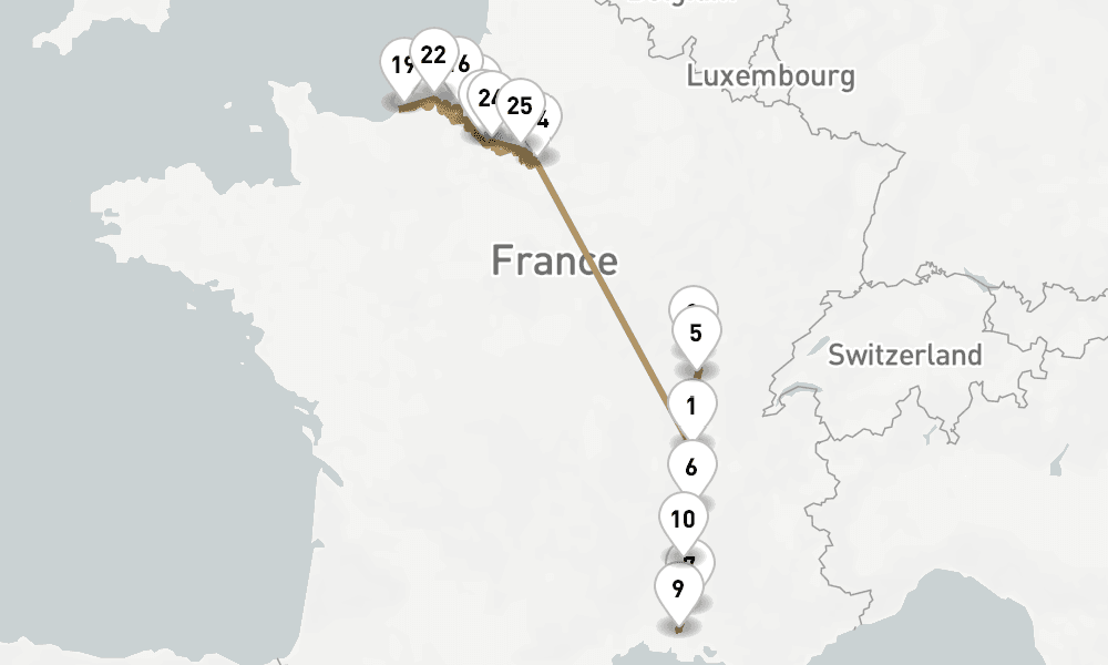 20 nights / 21 days, one-way from Lyon to Paris