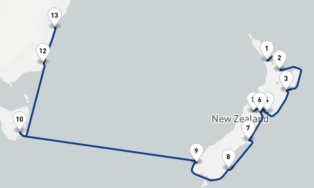 16 nights / 17 days, one-way from Auckland to Sydney (NSW, Australia)