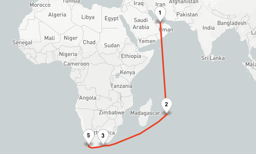 17 nights / 18 days, one-way from Abu Dhabi to Cape Town