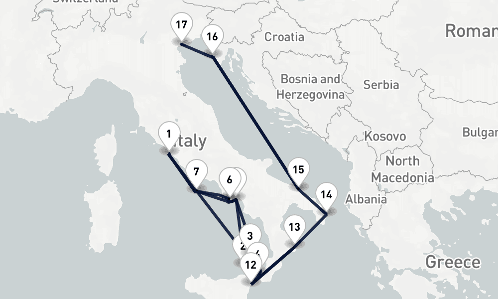 18 nights / 19 days, one-way from Civitavecchia (Rome, Italy) to Venice