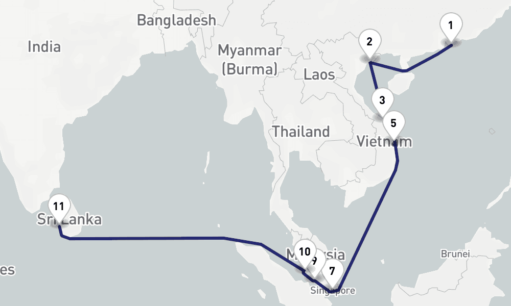 17 nights / 18 days, one-way from Hong Kong to Colombo