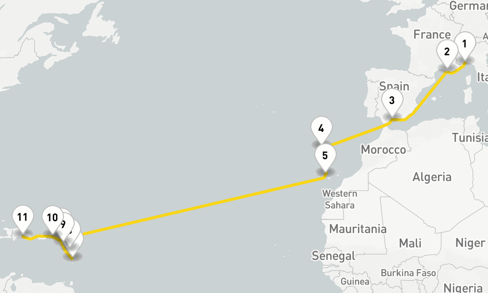 18 nights / 19 days, one-way from Savona to Santo Domingo (Dominican Republic)