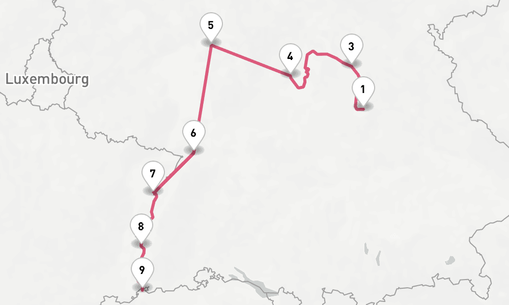 10 nights / 11 days, one-way from Nuremberg to Basel