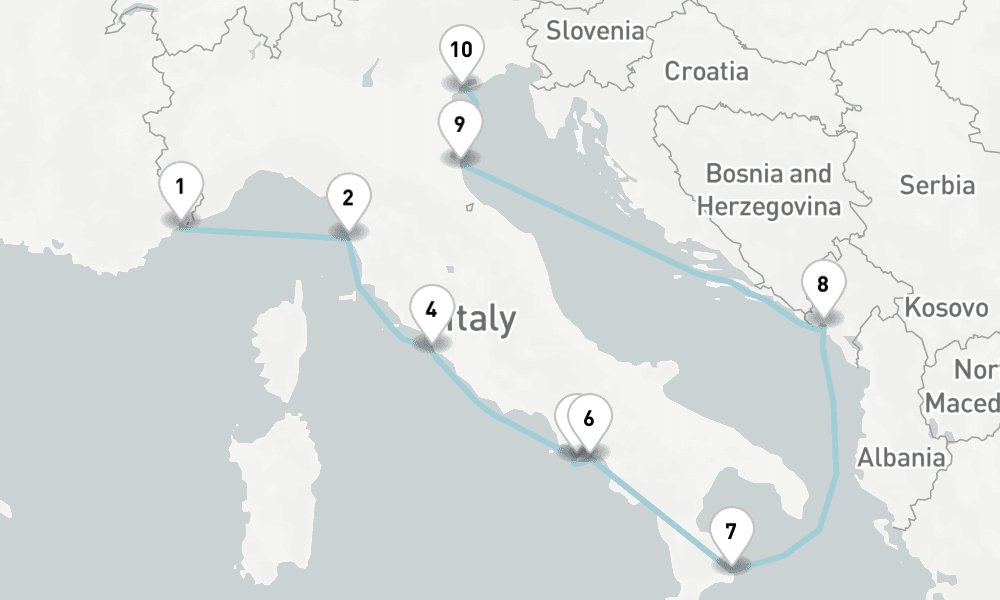 10 nights / 11 days, one-way from Villefranche-sur-Mer (Nice, France Riviera) to Venice