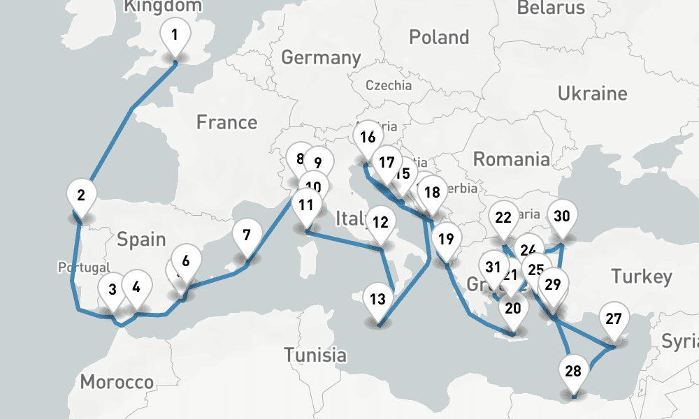 50 nights / 51 days, one-way from Southampton (England) to Piraeus (Athens, Greece)