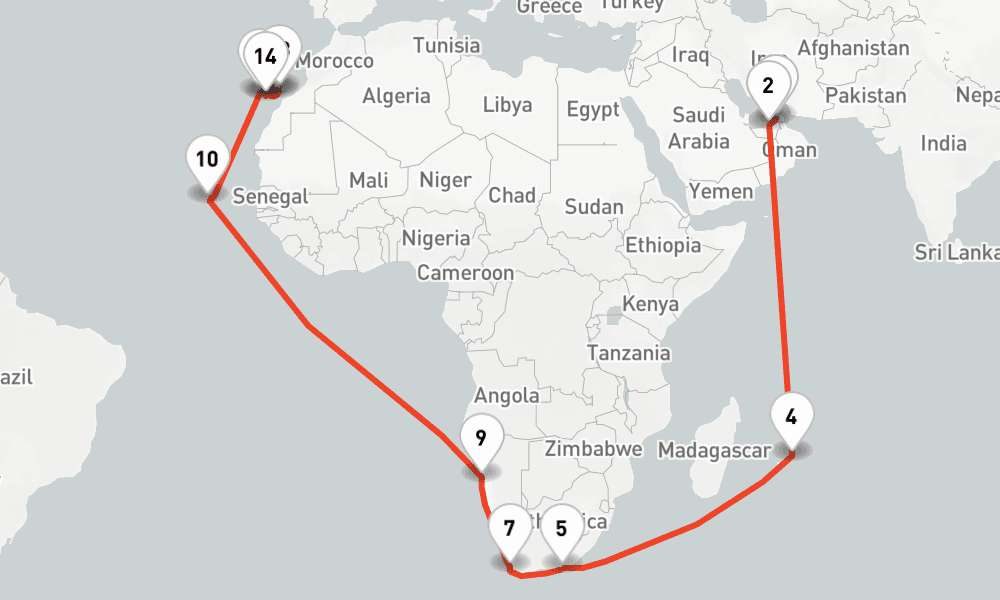 35 nights / 36 days, one-way from Dubai (Port Rashid, UAE) to Las Palmas (Gran Canaria, Canary Islands)