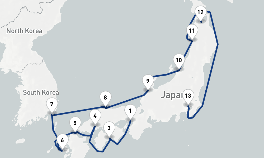 14 nights / 15 days, one-way from Kobe (Osaka-Kyoto, Japan) to Tokyo