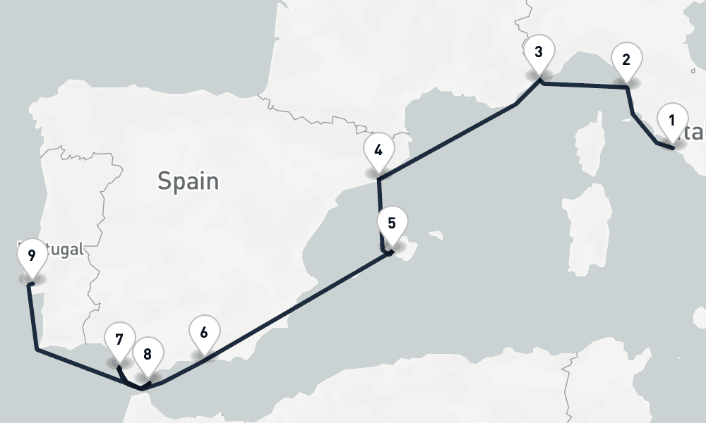 9 nights / 10 days, one-way from Civitavecchia (Rome, Italy) to Lisbon