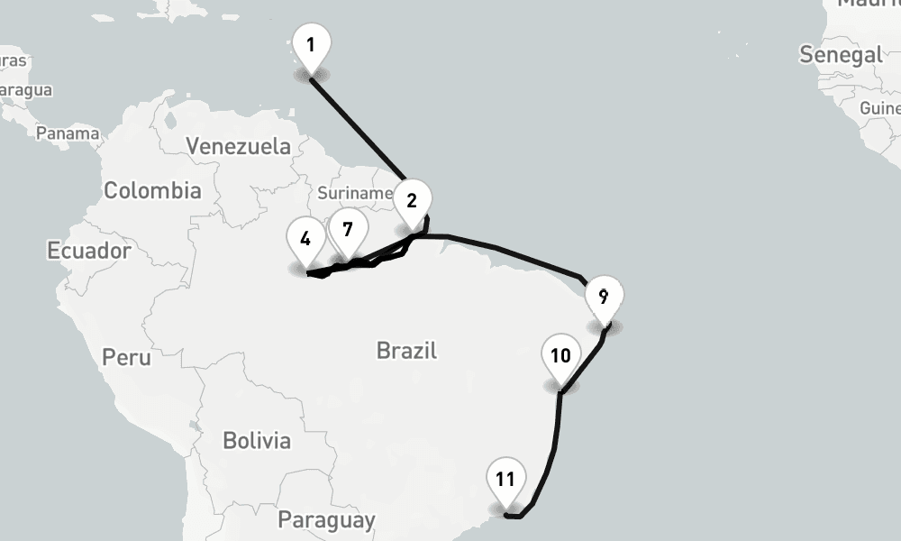20 nights / 21 days, one-way from Bridgetown (Barbados) to Rio de Janeiro