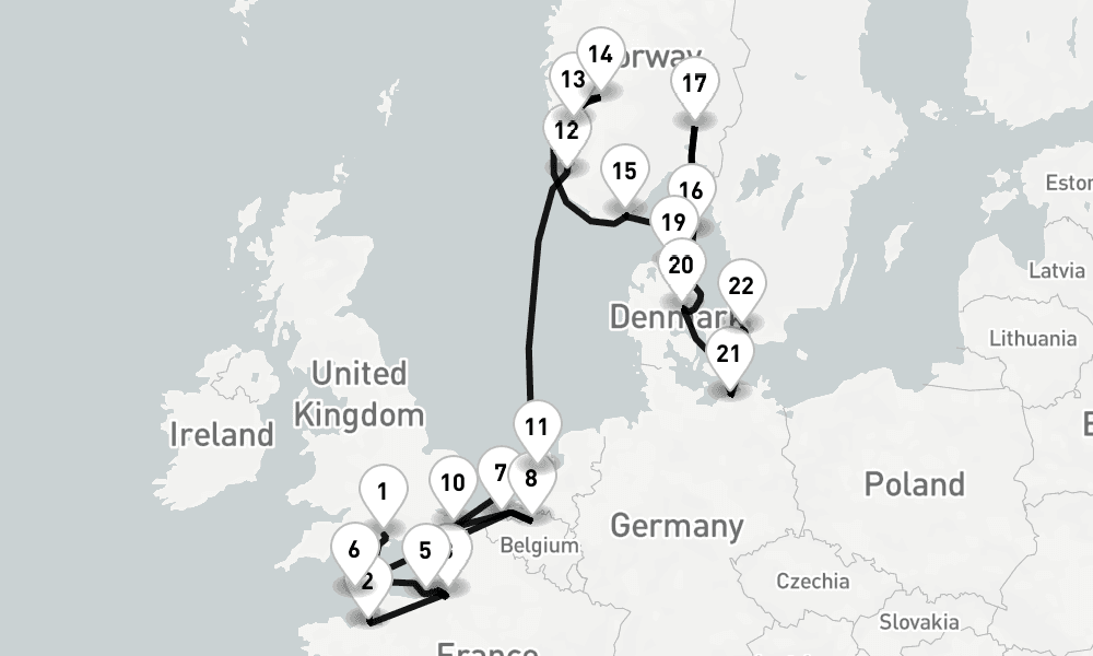 23 nights / 24 days, one-way from Southampton (England) to Copenhagen