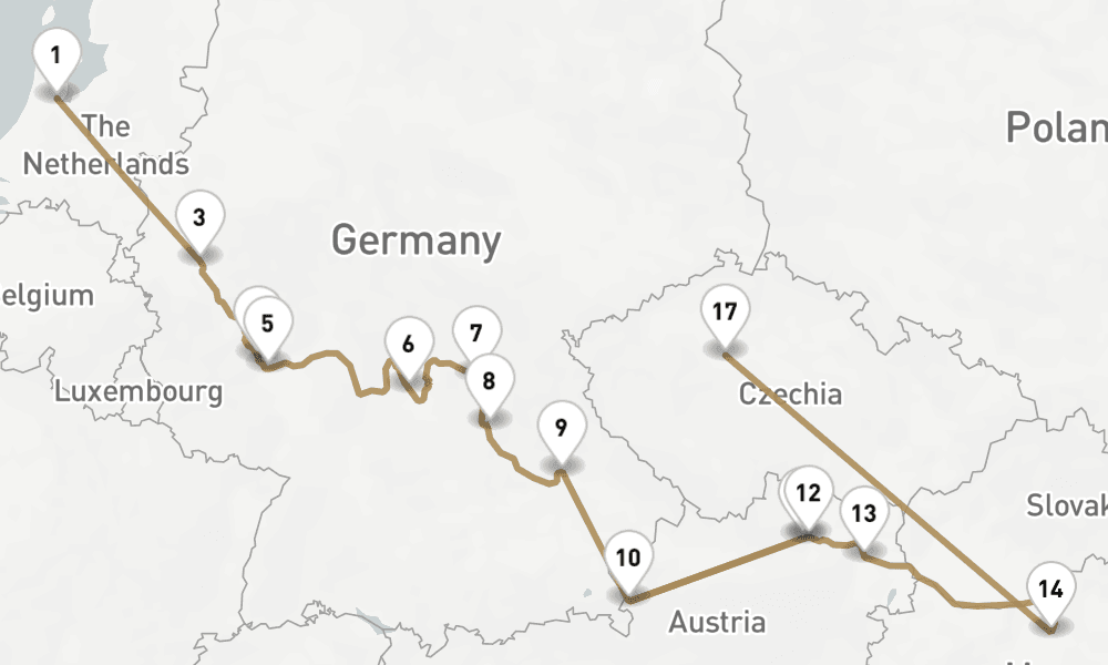 17 nights / 18 days, one-way from Amsterdam (Holland) to Prague (Czech Republic)