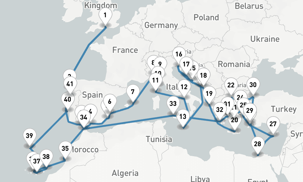 71 nights / 72 days, Southampton (England) Round trip