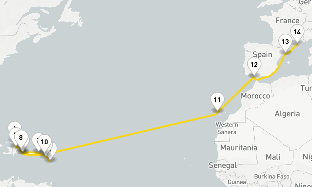 24 nights / 25 days, one-way from Pointe-a-Pitre (Grande-Terre Island, Guadeloupe) to Marseille
