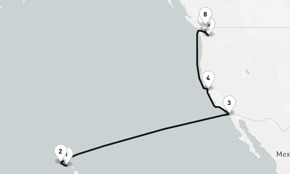 16 nights / 17 days, one-way from Honolulu (Oahu Island, Hawaii) to Vancouver (BC Canada)