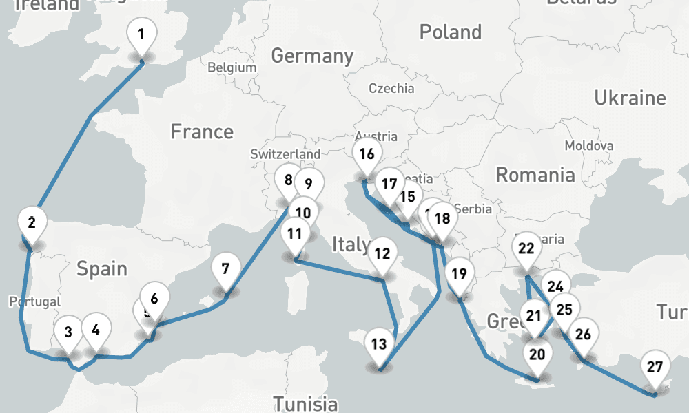 40 nights / 41 days, one-way from Southampton (England) to Limassol
